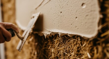 Slowmotion clip of wet plaster being smoothed onto strawbale surface emphasizing tactile texture and handmade organic wall coating process.