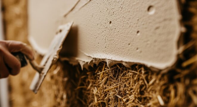 Slowmotion clip of wet plaster being smoothed onto strawbale surface emphasizing tactile texture and handmade organic wall coating process.