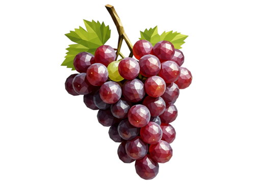 A cluster of vibrant red and green grapes, rendered in a low-poly style, is presented against a striking black backdrop, highlighting the geometric shapes and rich hues of the fruit.