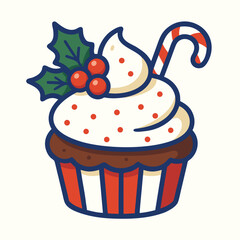 Festive christmas cupcake with holly and candy cane Christmas sweet, 