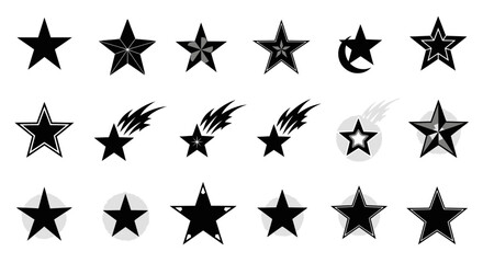 Dynamic collection of modern black stars and shooting stars perfect for graphic design and branding.