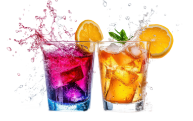 Colorful splashing cocktails on white background,png