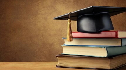 Graduation cap atop books, brown background, study concept