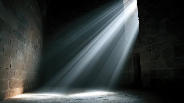 Bright rays of sunlight stream through a narrow opening into a dimly lit chamber, creating a dramatic contrast between light and darkness. The interplay of shadows evokes a sense of wonder.