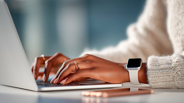 A pair of hands type on a silver laptop, wearing a white smartwatch, beige sweater, on a clean desk with a smartphone nearby.