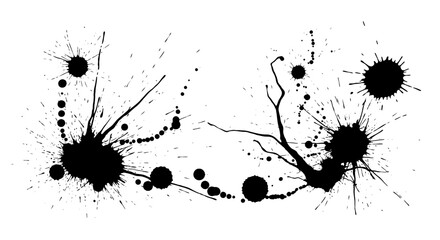 Dynamic black ink splatter abstract design elements with spray effect and drips for creative projects
