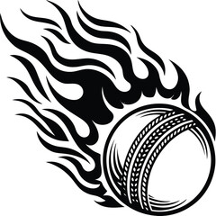 Fiery cricket ball streaking through air with flames sports graphic design