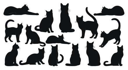 Charming black cat silhouettes capture diverse playful and elegant poses for creative projects