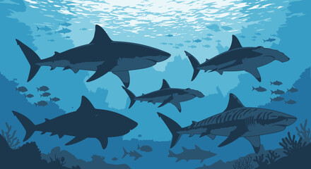 Majestic sharks swim through sunlit ocean depths, schooling fish and coral reef below © Avoxel