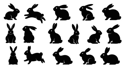 Black bunny silhouettes in various poses perfect for Easter designs and spring celebrations