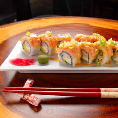 sushi, Chinese and Japan food. Fish