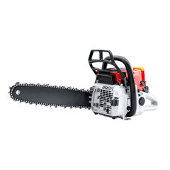 An isolated, high-angle perspective of a meticulously rendered chainsaw, exuding robustness and reliability