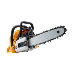 A meticulously shot, high-angle view of a brand-new chainsaw with sharp, gleaming blade, ready for action.