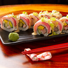 sushi, Chinese and Japan food. Fish