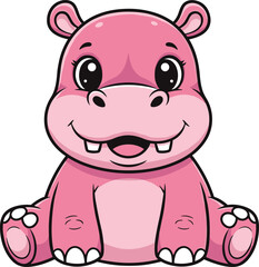 Cartoon Vector Illustration of Cute Pink Hippopotamus Sitting with Big Eyes, Front Teeth, and Friendly Expression on White Background