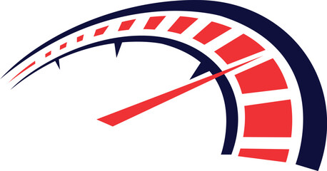 A stylized speedometer graphic with a red needle pointing towards the red marked section of the gauge.