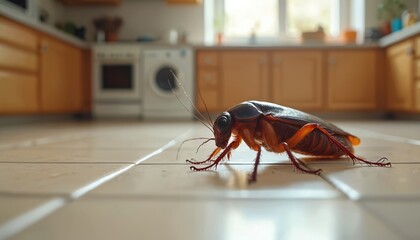 Cockroach crawls across kitchen floor tiles. Low angle view shows insect, symbolizing pest infestation and hygiene concerns. Awareness of urban living, sanitation, and household cleanliness.