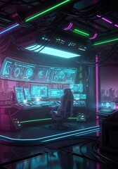 Futuristic control room with glowing displays