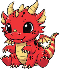 Cartoon Vector Illustration of Cute Red Baby Dragon with Striped Wings, Yellow Horns, and Playful Expression on White Background