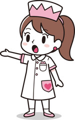 Cartoon Vector Illustration of Nurse in White Uniform with Pink Accents and Expressive Face in Friendly Pose on White Background