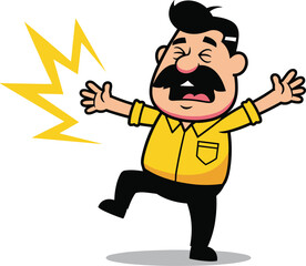 Cartoon Vector Illustration of Man Getting Shocked with Lightning Bolt and Flailing Arms in Exaggerated Pose on White Background