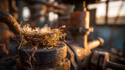 A delicate birds nest sits atop a rusty, vintage engine