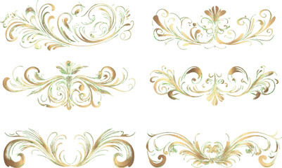 Elegant Golden Green Swirls and Flourishes Decorative Elements Collection ornate vintage