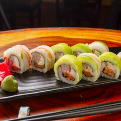 sushi, Chinese and Japan food. Fish