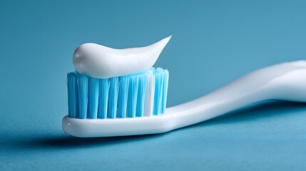 Toothbrush with toothpaste on a blue background for dental hygiene