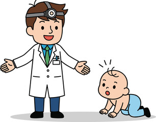 Cartoon Vector Illustration of Pediatrician with Open Arms and Crawling Baby in Medical Scene on White Background