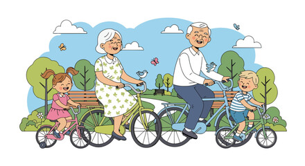 Adobe illustrator artwork vector illustration: Happy grandparents and grandchildren enjoy a delightful family bike ride in the park on a sunny day