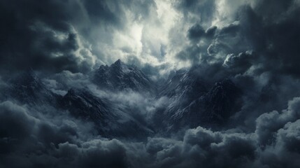 Obraz premium large, heavy clouds, a storm is approaching, over beautiful, steep snow-capped mountains generative ai