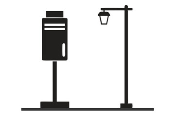 Minimalist Illustration of a Pet Waste Station and a Street Lamp Silhouette