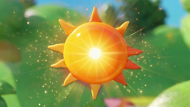 cheerful vibrant 4k resolution 3d motion graphic of a glossy bright yellow orange stylized sun shining joyfully on a green backdrop representing happiness summer weather themes renewable energy