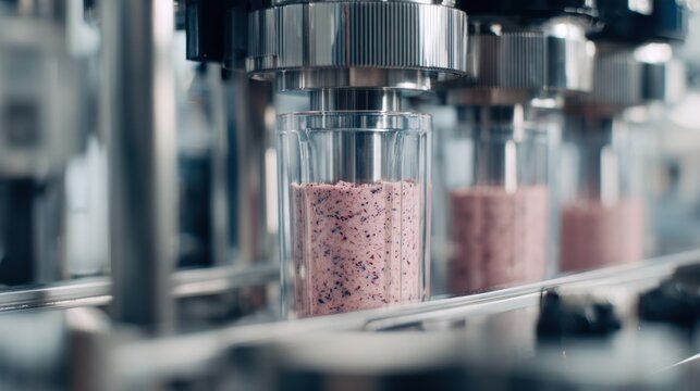 Close medium shot of smoothie robots container mixing breakfast formula tailored by DNA scan through QR code robot details crisp ambient kitchen elements out of focus.