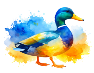  Abstract Watercolor Duck Silhouette with Soft Blues and Yellows, Transparent Background