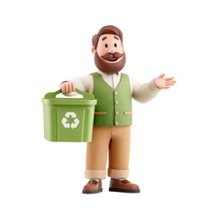 Friendly Manager Holding a Recycling Bin in 3D Pastel Style for Eco-Friendly Initiatives