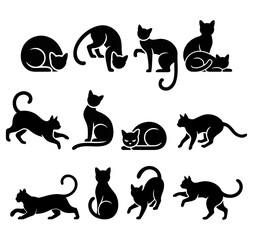 Set of black cats silhouettes isolated on white background. Vector illustration.