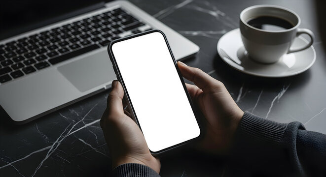 Person holding smartphone with blank screen, laptop and coffee nearby, perfect for app presentation or website mockup showcasing your design.