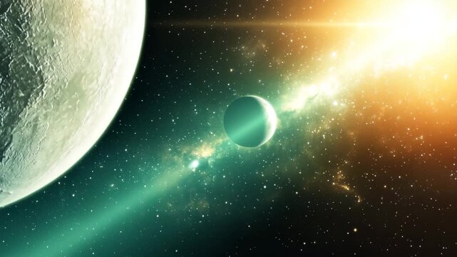 Vast cosmic expanse with a glowing sun, a large planet in the foreground, and a distant celestial body 4k video