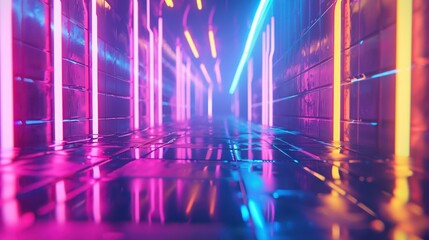Futuristic neon hallway with vibrant glowing lights and reflective floor for a modern look