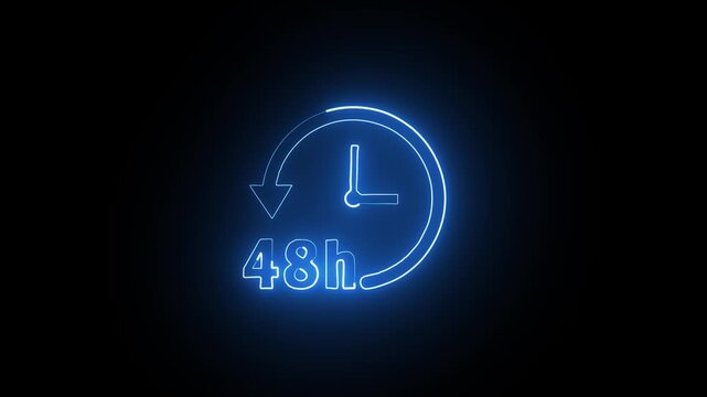 Glowing Neon 48-Hour Clock Icon, Isolated on Black Background with Alpha Channel, Neon HUD Timer Animation, Time Passage Stopwatch, 4K Circular 48 Hours.
