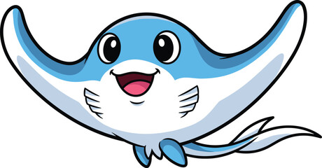 Cartoon Vector Illustration of Smiling Manta Ray with Expressive Eyes, Tongue Out, and Curved Tail on White Background