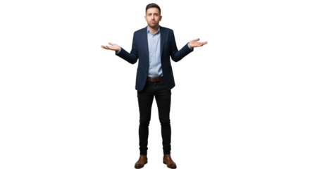 Confused business man shrugging shoulders with palms up in a gesture of uncertainty and ignorance on transparent background