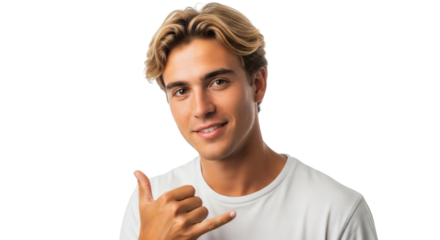 Handsome man with blonde hair making a call me gesture for communication and connection online now today on transparent background