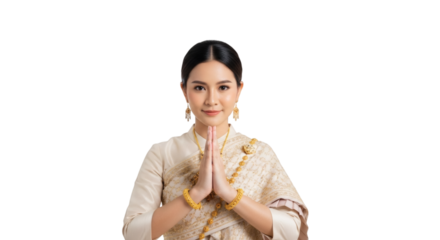 Beautiful thai woman in traditional dress performing wai greeting with elegance and grace on black on transparent background