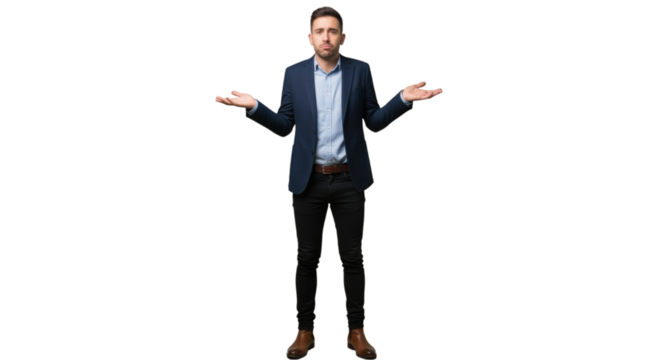 Confused business man shrugging shoulders with palms up in a gesture of uncertainty and ignorance on transparent background