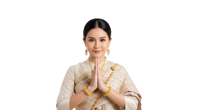 Beautiful thai woman in traditional dress performing wai greeting with elegance and grace on black on transparent background