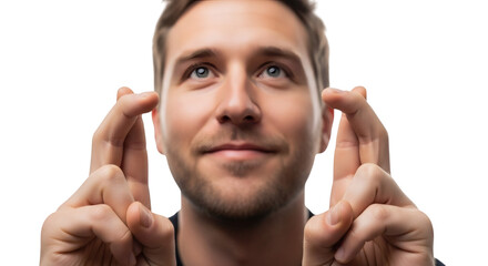 Man crossing fingers for luck hope wish prayer good fortune success anticipation and positive outcome on transparent background