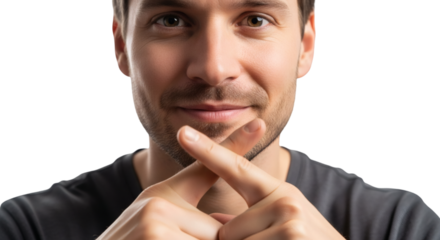 Man thinking portrait with crossed fingers concept idea for business strategy and decision making process on transparent background